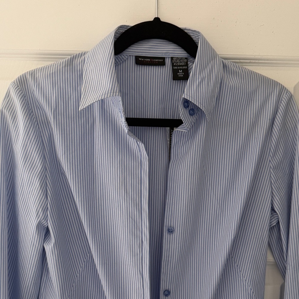 NWT- New York and Company. Size M.  Women’s Light Blue Pinstripe Dress Shirt